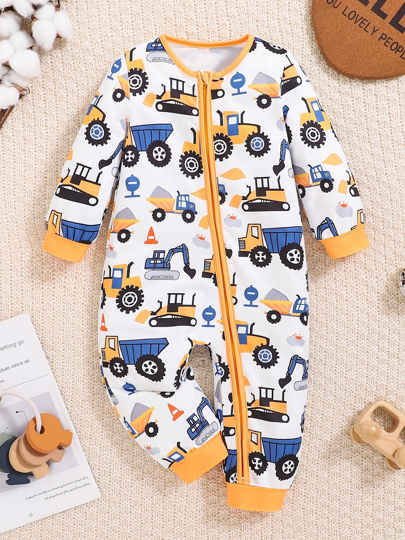 Playful Pals 1pc Baby Boy Cute Cartoon Truck Print Long Sleeve ZipperedYellowWovenLightweightBreathable Jumpsuit, Suitable For Autumn & Winter