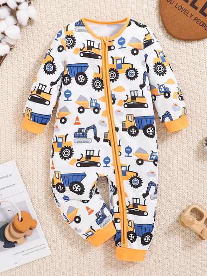 Playful Pals 1pc Baby Boy Cute Cartoon Truck Print Long Sleeve ZipperedYellowWovenLightweightBreathable Jumpsuit, Suitable For Autumn & Winter