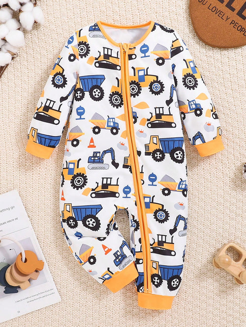 Playful Pals 1pc Baby Boy Cute Cartoon Truck Print Long Sleeve ZipperedYellowWovenLightweightBreathable Jumpsuit, Suitable For Autumn & Winter