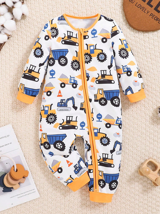 Playful Pals 1pc Baby Boy Cute Cartoon Truck Print Long Sleeve ZipperedYellowWovenLightweightBreathable Jumpsuit, Suitable For Autumn & Winter