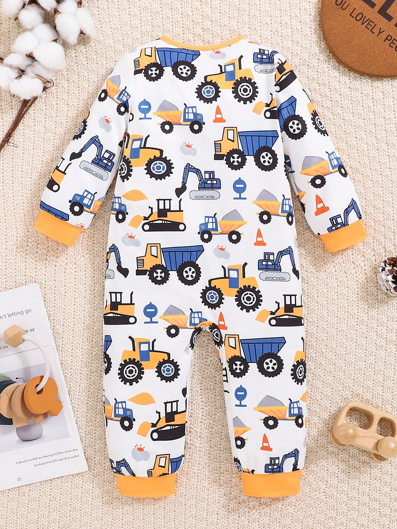 Playful Pals 1pc Baby Boy Cute Cartoon Truck Print Long Sleeve ZipperedYellowWovenLightweightBreathable Jumpsuit, Suitable For Autumn & Winter
