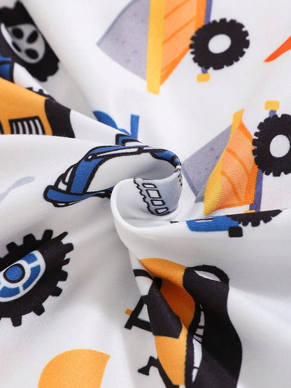 Playful Pals 1pc Baby Boy Cute Cartoon Truck Print Long Sleeve ZipperedYellowWovenLightweightBreathable Jumpsuit, Suitable For Autumn & Winter