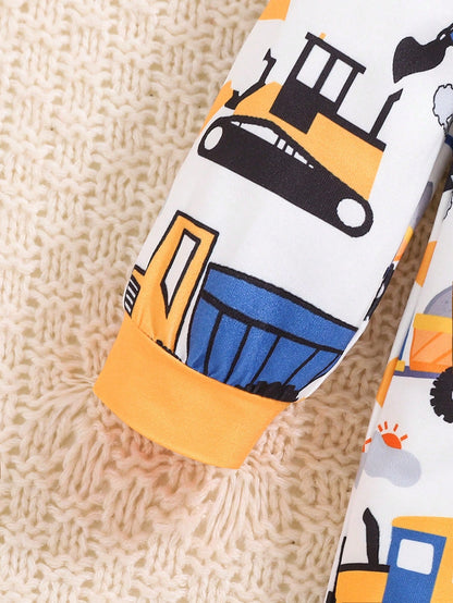 Playful Pals 1pc Baby Boy Cute Cartoon Truck Print Long Sleeve ZipperedYellowWovenLightweightBreathable Jumpsuit, Suitable For Autumn & Winter