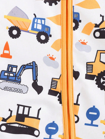 Playful Pals 1pc Baby Boy Cute Cartoon Truck Print Long Sleeve ZipperedYellowWovenLightweightBreathable Jumpsuit, Suitable For Autumn & Winter
