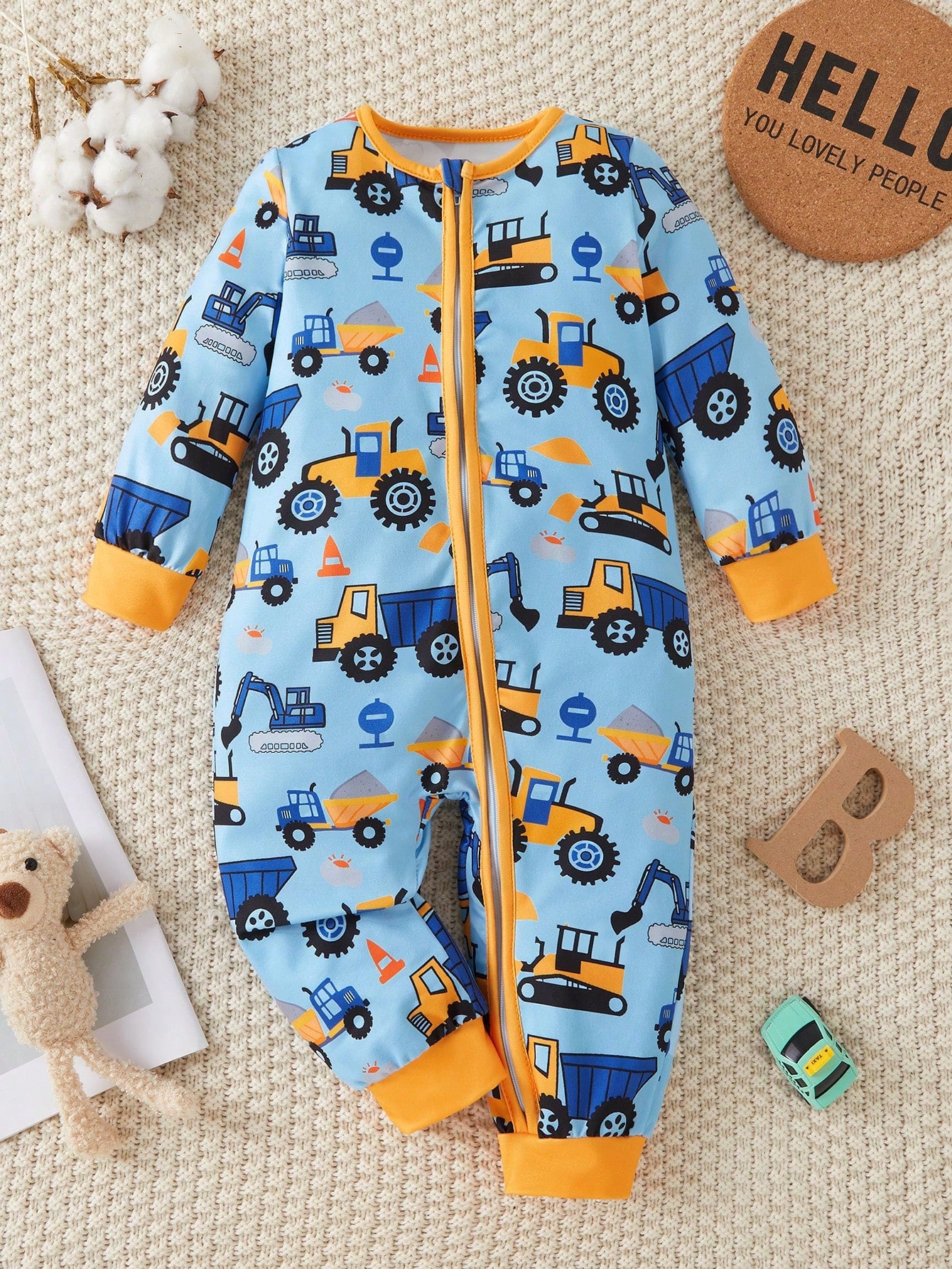 Playful Pals 1pc Baby Boy Cute Cartoon Truck Print Long Sleeve ZipperedYellowWovenLightweightBreathable Jumpsuit, Suitable For Autumn & Winter