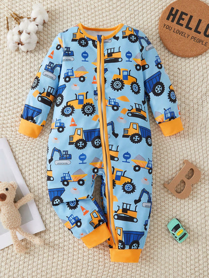 Playful Pals 1pc Baby Boy Cute Cartoon Truck Print Long Sleeve ZipperedYellowWovenLightweightBreathable Jumpsuit, Suitable For Autumn & Winter
