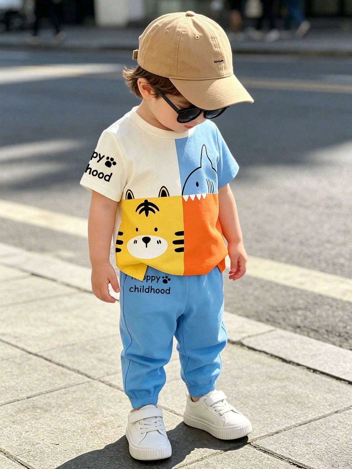Playful Pals 2-Piece Baby Boy Blue Summer Casual Beach Set,Cute Cartoon Lion&Shark Pattern Patchwork Round Neck T-Shirt And Matching Letter Print Trousers
