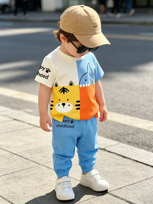 Playful Pals 2-Piece Baby Boy Blue Summer Casual Beach Set,Cute Cartoon Lion&Shark Pattern Patchwork Round Neck T-Shirt And Matching Letter Print Trousers