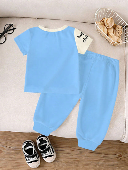 Playful Pals 2-Piece Baby Boy Blue Summer Casual Beach Set,Cute Cartoon Lion&Shark Pattern Patchwork Round Neck T-Shirt And Matching Letter Print Trousers