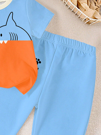 Playful Pals 2-Piece Baby Boy Blue Summer Casual Beach Set,Cute Cartoon Lion&Shark Pattern Patchwork Round Neck T-Shirt And Matching Letter Print Trousers