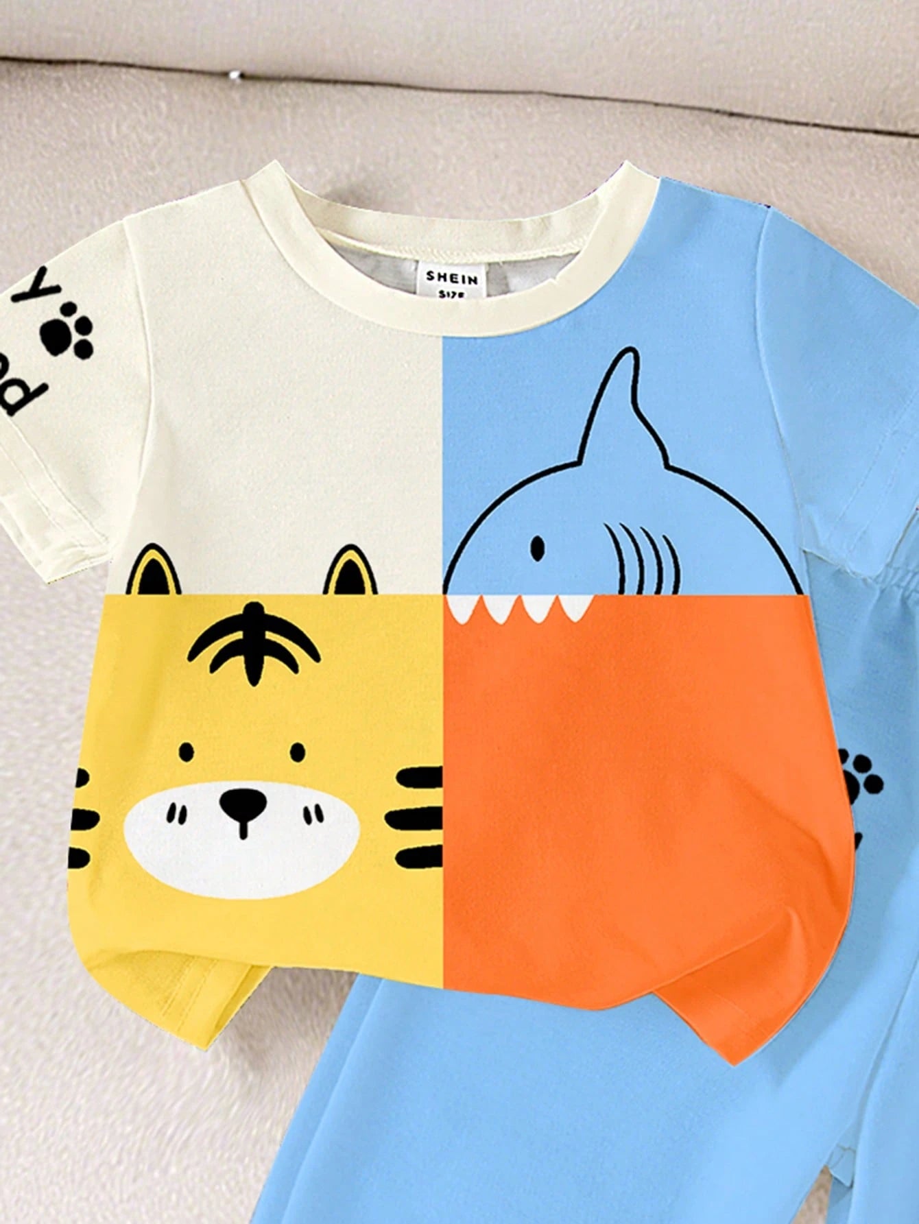 Playful Pals 2-Piece Baby Boy Blue Summer Casual Beach Set,Cute Cartoon Lion&Shark Pattern Patchwork Round Neck T-Shirt And Matching Letter Print Trousers