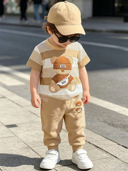 Playful Pals 2-Piece Baby Boy Blue Summer Casual Beach Set,Cute Cartoon Lion&Shark Pattern Patchwork Round Neck T-Shirt And Matching Letter Print Trousers