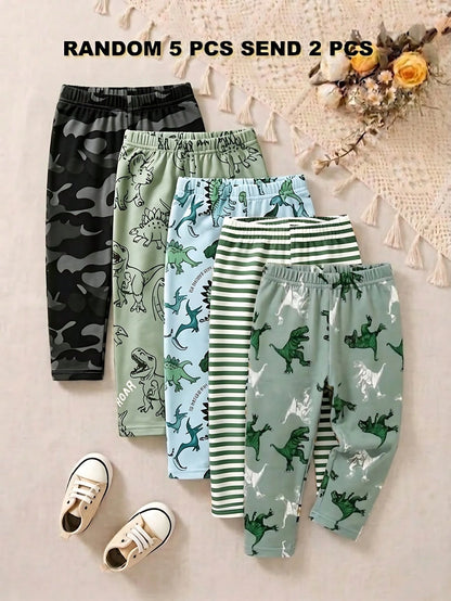 Playful Pals 2 Random Pieces From 5 Designs, Cute Clothing Comfortable Simple Soft Casual Cartoon Print, Cute Boys Pants Daily Wear, Boys Favorite Pattern Gift