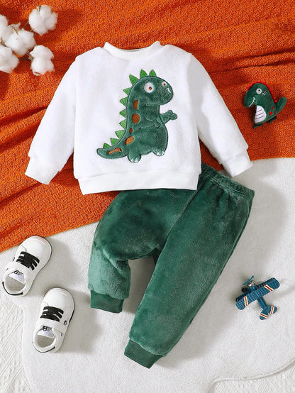 Playful Pals 2pcs/Set Baby Boy Dinosaur Embroidered Reversible Fleece Sweatshirt And Pants Set Unisex Halloween Green Cute Kawaii Baggy Clothes