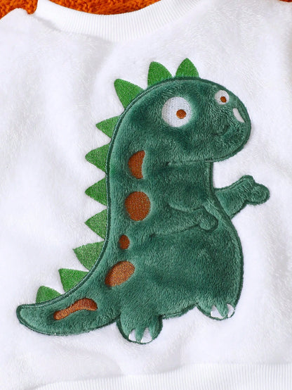 Playful Pals 2pcs/Set Baby Boy Dinosaur Embroidered Reversible Fleece Sweatshirt And Pants Set Unisex Halloween Green Cute Kawaii Baggy Clothes