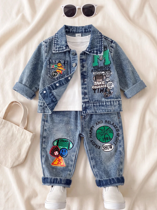 Playful Pals 2pcs/Set Baby Boy English Letter Print Rugby Sport Street Style Vintage Fashion Washed Denim Outfit, Turn-Down Collar Button-Up Long Pants, Korean Style Casual Denim Set With Pockets, Ver