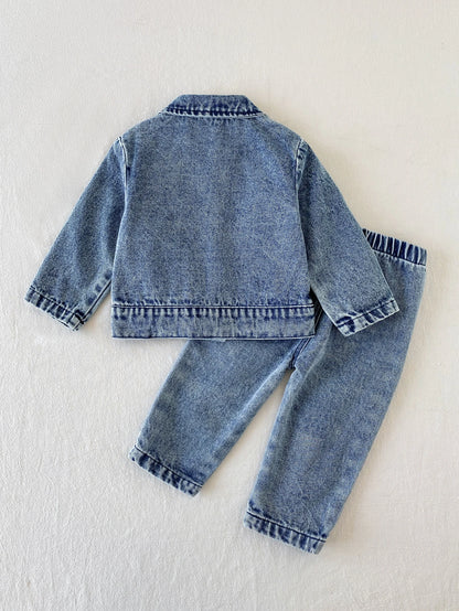Playful Pals 2pcs/Set Baby Boy English Letter Print Rugby Sport Street Style Vintage Fashion Washed Denim Outfit, Turn-Down Collar Button-Up Long Pants, Korean Style Casual Denim Set With Pockets, Ver