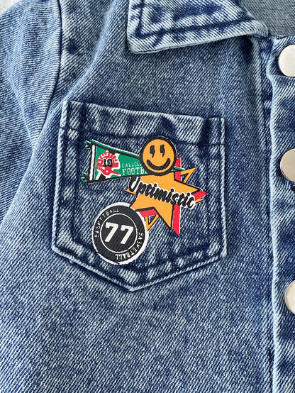 Playful Pals 2pcs/Set Baby Boy English Letter Print Rugby Sport Street Style Vintage Fashion Washed Denim Outfit, Turn-Down Collar Button-Up Long Pants, Korean Style Casual Denim Set With Pockets, Ver
