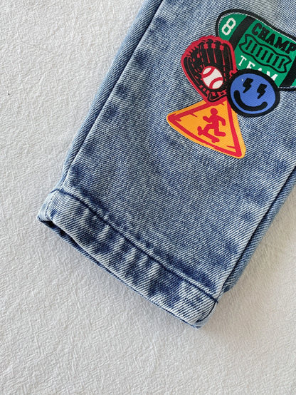 Playful Pals 2pcs/Set Baby Boy English Letter Print Rugby Sport Street Style Vintage Fashion Washed Denim Outfit, Turn-Down Collar Button-Up Long Pants, Korean Style Casual Denim Set With Pockets, Ver