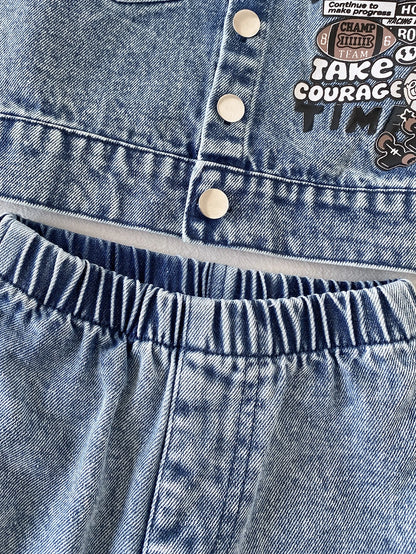 Playful Pals 2pcs/Set Baby Boy English Letter Print Rugby Sport Street Style Vintage Fashion Washed Denim Outfit, Turn-Down Collar Button-Up Long Pants, Korean Style Casual Denim Set With Pockets, Ver