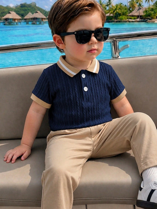 Playful Pals 2pcs/Set Baby Boy Textured Fabric Short Sleeve Polo Shirt And Khaki Long Pants Outfit, Baby Boy Clothing