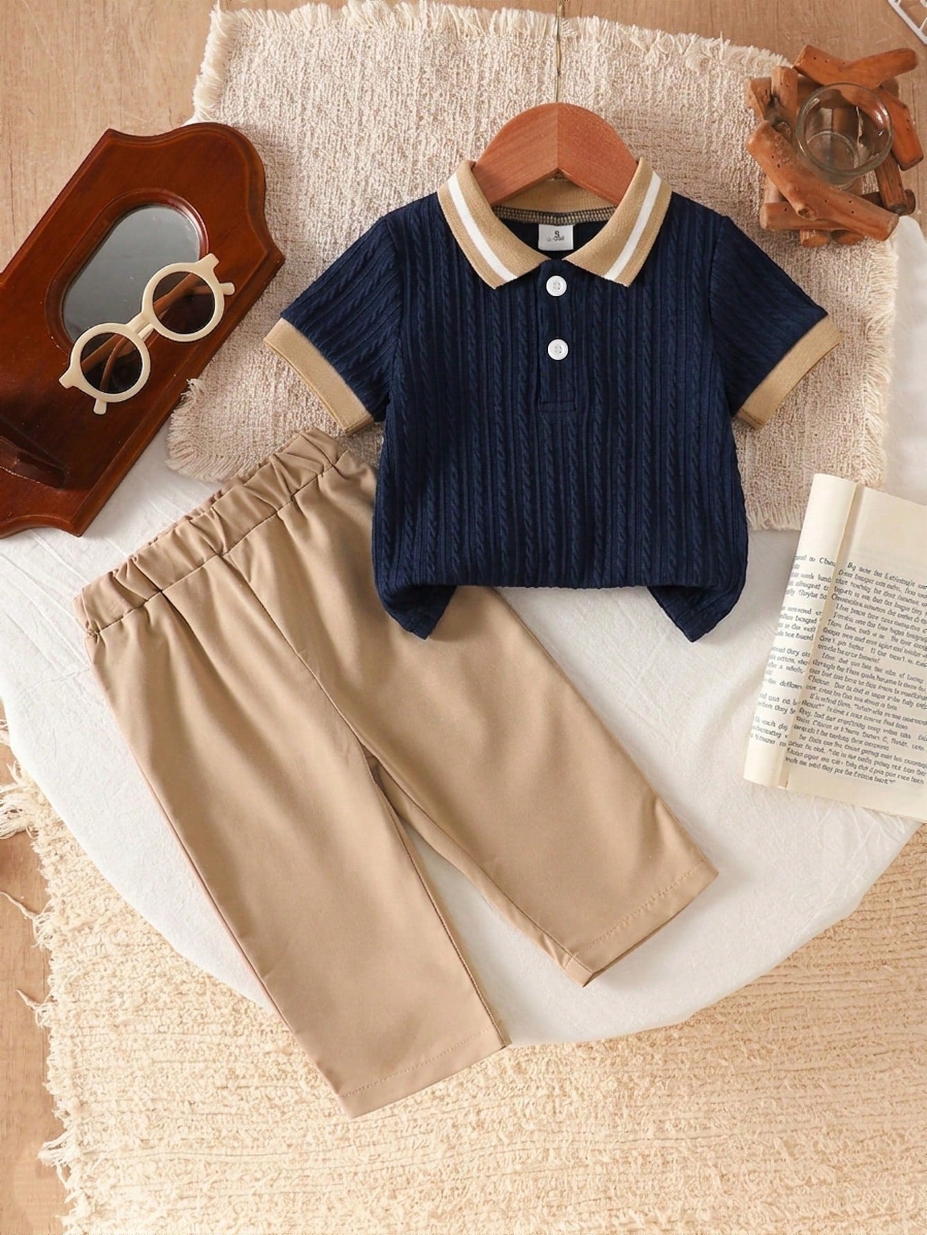 Playful Pals 2pcs/Set Baby Boy Textured Fabric Short Sleeve Polo Shirt And Khaki Long Pants Outfit, Baby Boy Clothing