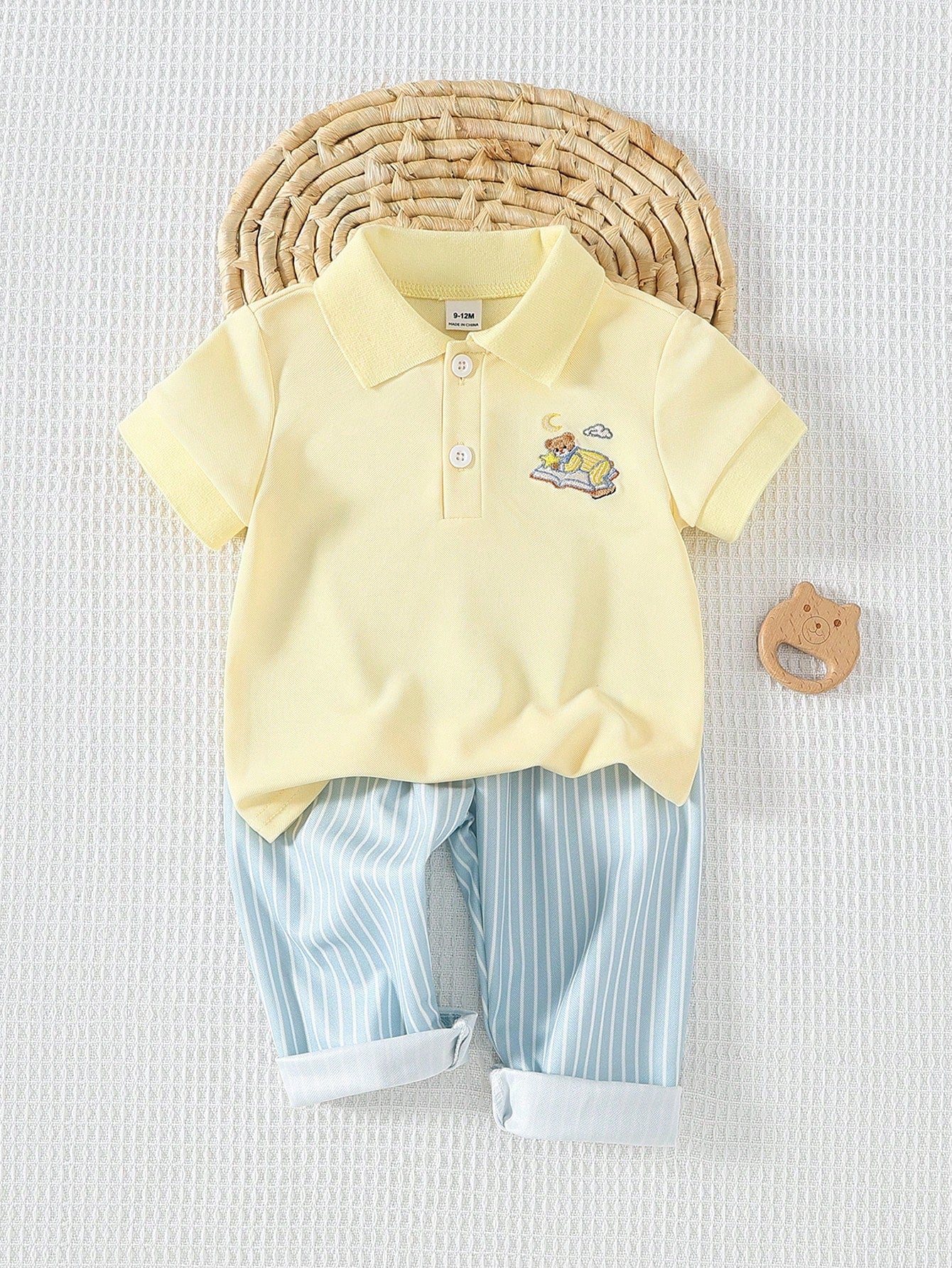 Playful Pals 2pcs/Set Baby Boy Textured Fabric Short Sleeve Polo Shirt And Khaki Long Pants Outfit, Baby Boy Clothing