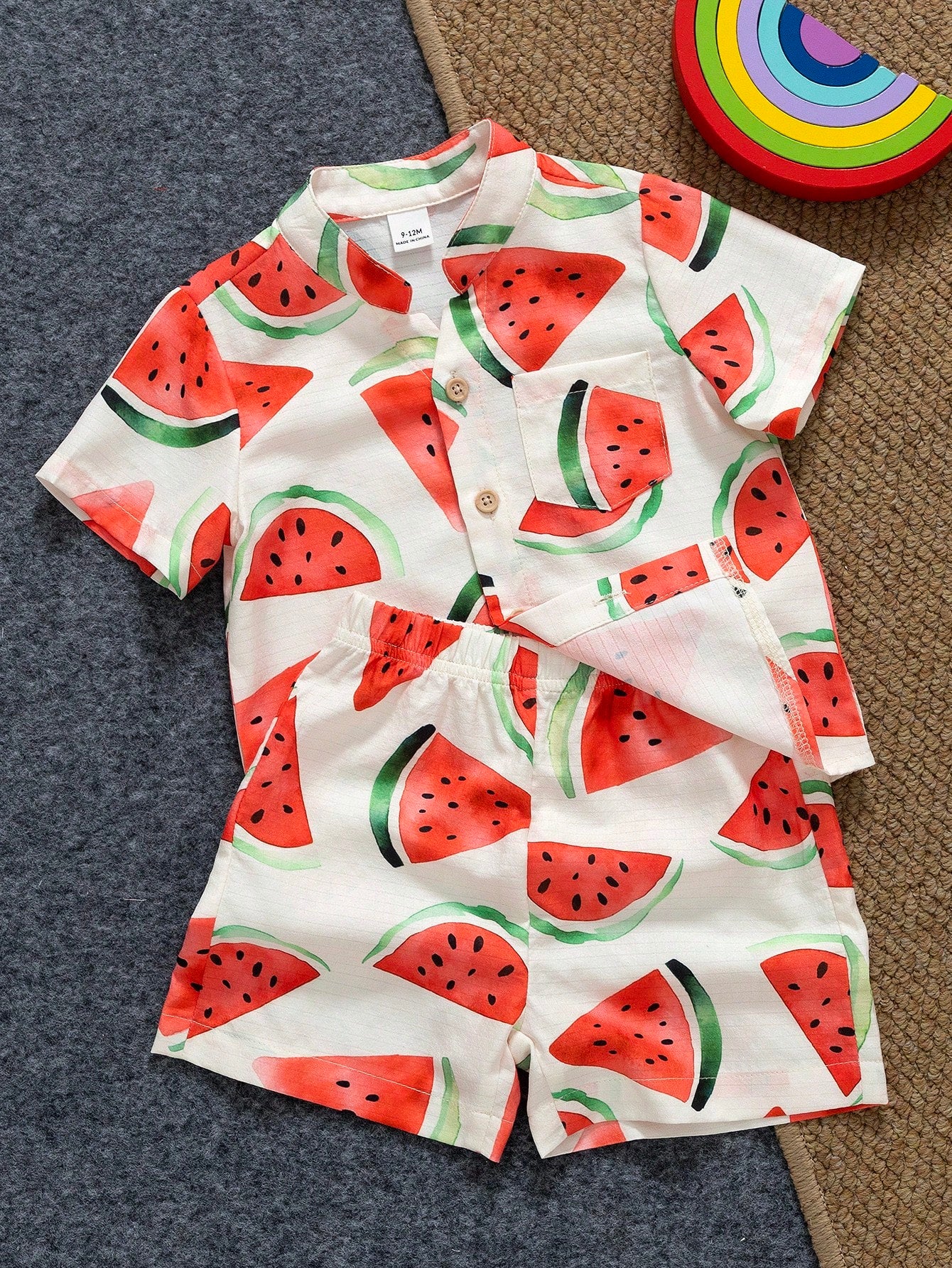 Playful Pals 2pcs/Set Infant Toddler Watermelon Print Short Sleeve Shirt And Shorts Cute White And Red Baby Boy Summer Outfit Beach Holiday Vacation Clothes Set