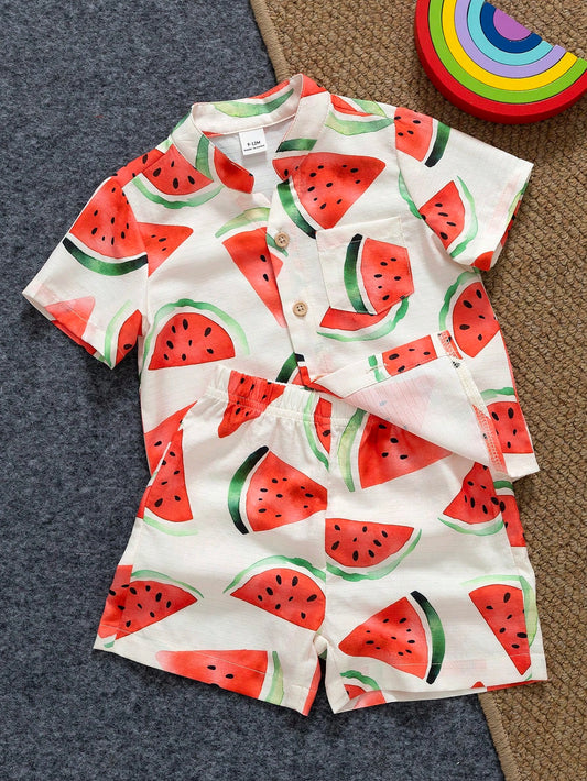 Playful Pals 2pcs/Set Infant Toddler Watermelon Print Short Sleeve Shirt And Shorts Cute White And Red Baby Boy Summer Outfit Beach Holiday Vacation Clothes Set