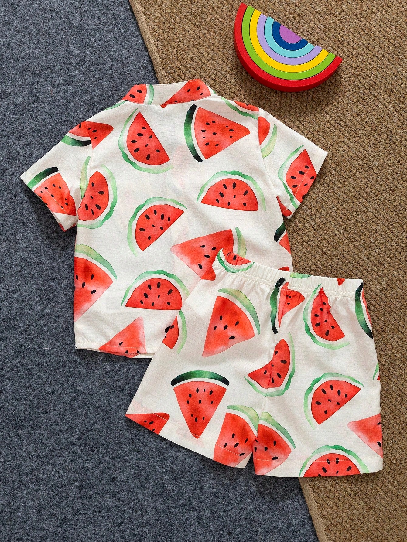 Playful Pals 2pcs/Set Infant Toddler Watermelon Print Short Sleeve Shirt And Shorts Cute White And Red Baby Boy Summer Outfit Beach Holiday Vacation Clothes Set