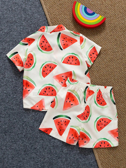Playful Pals 2pcs/Set Infant Toddler Watermelon Print Short Sleeve Shirt And Shorts Cute White And Red Baby Boy Summer Outfit Beach Holiday Vacation Clothes Set