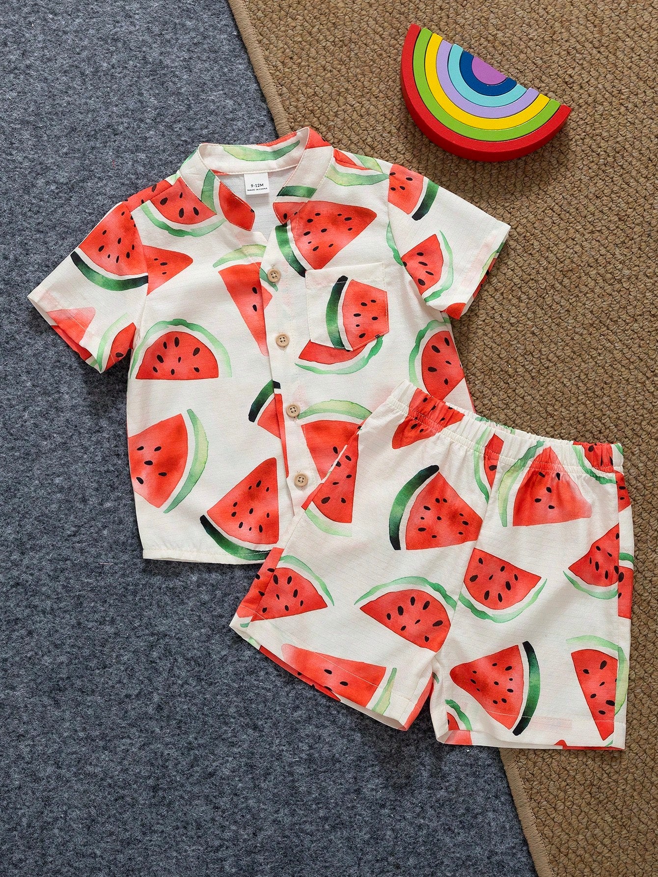Playful Pals 2pcs/Set Infant Toddler Watermelon Print Short Sleeve Shirt And Shorts Cute White And Red Baby Boy Summer Outfit Beach Holiday Vacation Clothes Set