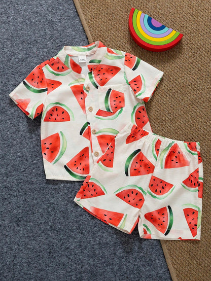 Playful Pals 2pcs/Set Infant Toddler Watermelon Print Short Sleeve Shirt And Shorts Cute White And Red Baby Boy Summer Outfit Beach Holiday Vacation Clothes Set