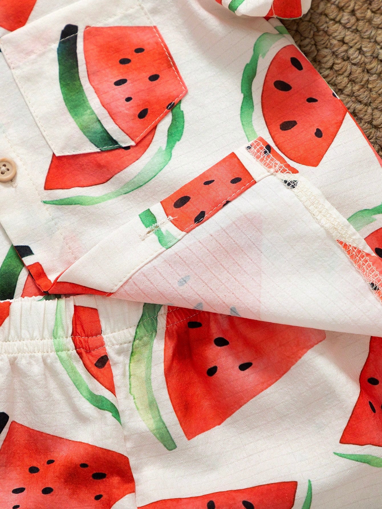 Playful Pals 2pcs/Set Infant Toddler Watermelon Print Short Sleeve Shirt And Shorts Cute White And Red Baby Boy Summer Outfit Beach Holiday Vacation Clothes Set