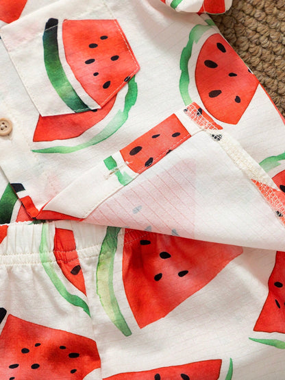 Playful Pals 2pcs/Set Infant Toddler Watermelon Print Short Sleeve Shirt And Shorts Cute White And Red Baby Boy Summer Outfit Beach Holiday Vacation Clothes Set