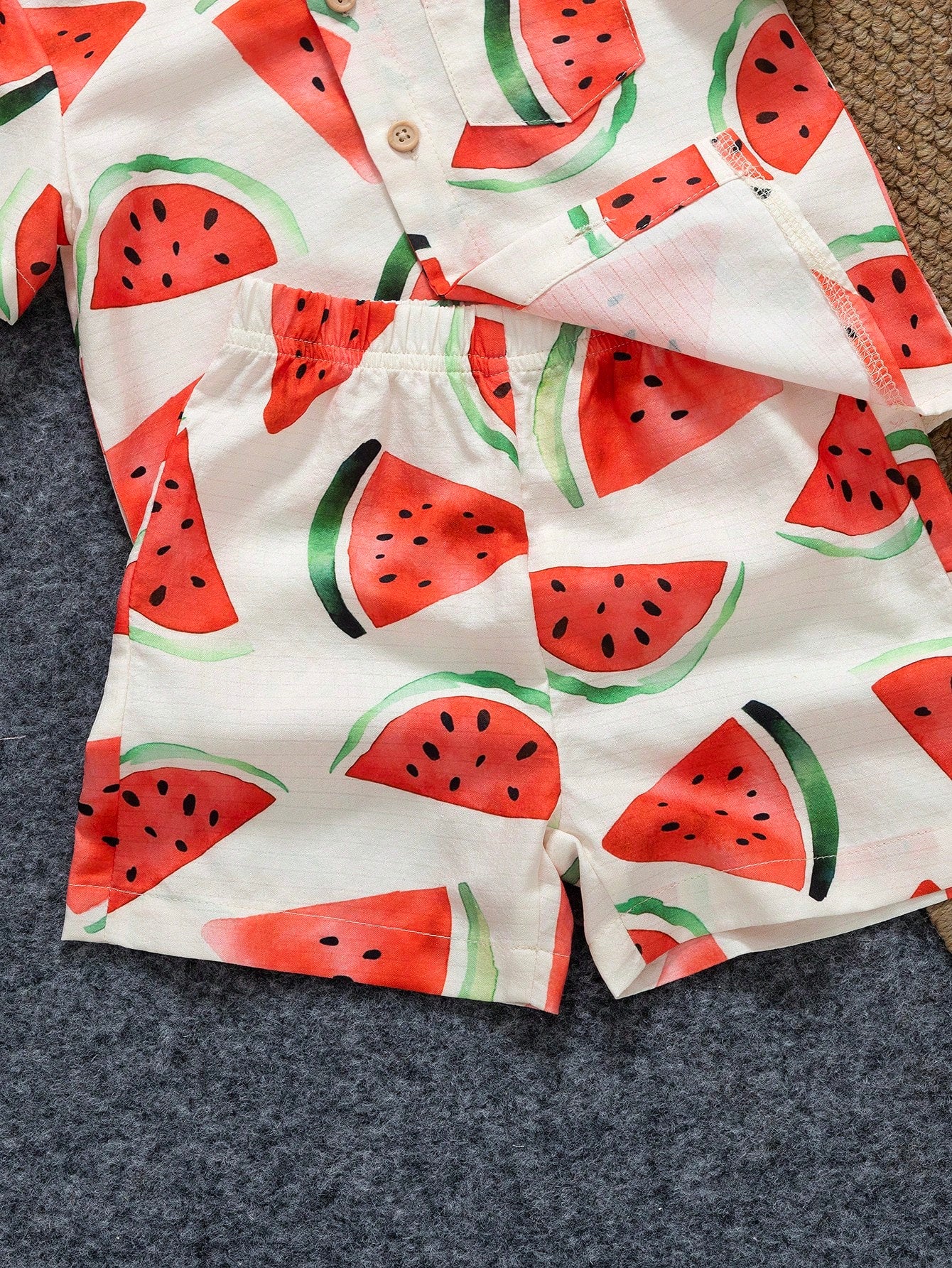 Playful Pals 2pcs/Set Infant Toddler Watermelon Print Short Sleeve Shirt And Shorts Cute White And Red Baby Boy Summer Outfit Beach Holiday Vacation Clothes Set