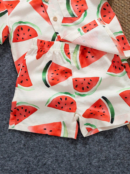 Playful Pals 2pcs/Set Infant Toddler Watermelon Print Short Sleeve Shirt And Shorts Cute White And Red Baby Boy Summer Outfit Beach Holiday Vacation Clothes Set