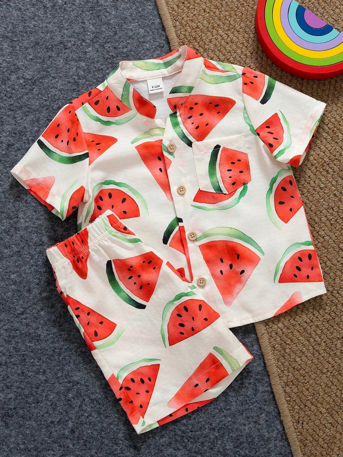Playful Pals 2pcs/Set Infant Toddler Watermelon Print Short Sleeve Shirt And Shorts Cute White And Red Baby Boy Summer Outfit Beach Holiday Vacation Clothes Set
