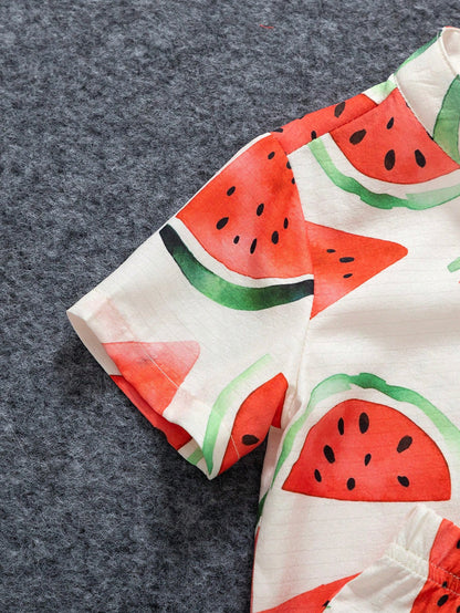 Playful Pals 2pcs/Set Infant Toddler Watermelon Print Short Sleeve Shirt And Shorts Cute White And Red Baby Boy Summer Outfit Beach Holiday Vacation Clothes Set