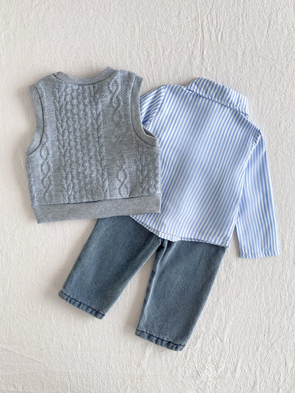 Playful Pals 3pcs Baby Boys Grey Animal Print Vest + Long Sleeve Striped Shirt + Denim Jeans Casual Outfit, Korean Vintage Versatile Animal Print Tank Top With Turn-Down Collar Single-Breasted T