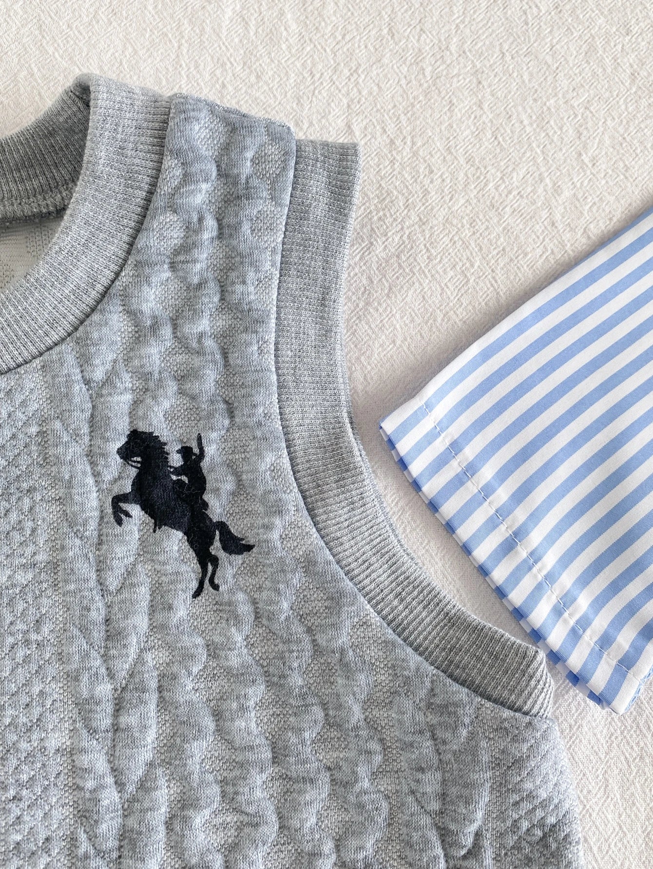 Playful Pals 3pcs Baby Boys Grey Animal Print Vest + Long Sleeve Striped Shirt + Denim Jeans Casual Outfit, Korean Vintage Versatile Animal Print Tank Top With Turn-Down Collar Single-Breasted T