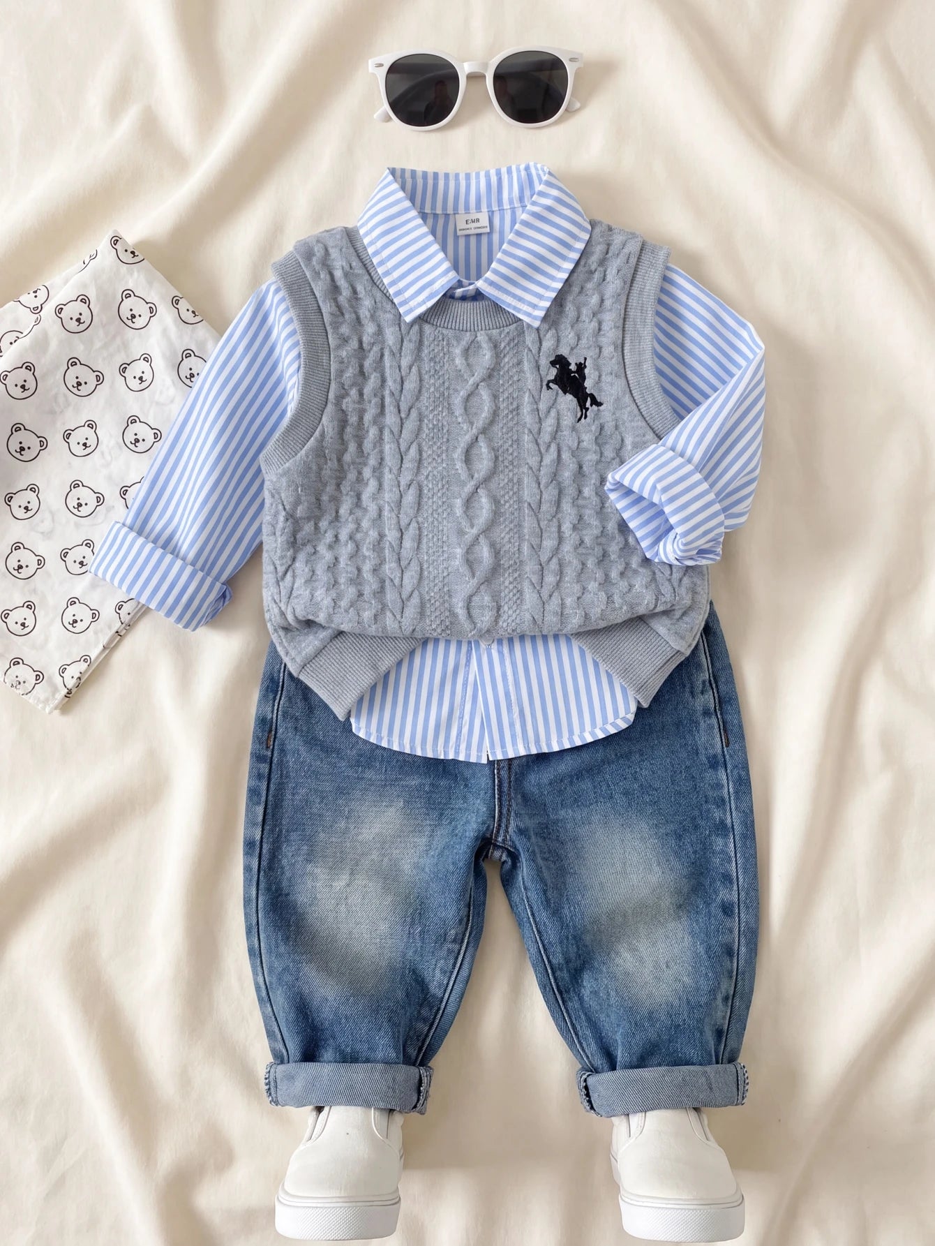 Playful Pals 3pcs Baby Boys Grey Animal Print Vest + Long Sleeve Striped Shirt + Denim Jeans Casual Outfit, Korean Vintage Versatile Animal Print Tank Top With Turn-Down Collar Single-Breasted T