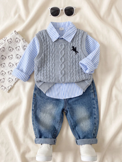 Playful Pals 3pcs Baby Boys Grey Animal Print Vest + Long Sleeve Striped Shirt + Denim Jeans Casual Outfit, Korean Vintage Versatile Animal Print Tank Top With Turn-Down Collar Single-Breasted T