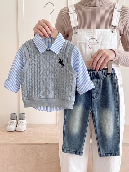 Playful Pals 3pcs Baby Boys Grey Animal Print Vest + Long Sleeve Striped Shirt + Denim Jeans Casual Outfit, Korean Vintage Versatile Animal Print Tank Top With Turn-Down Collar Single-Breasted T