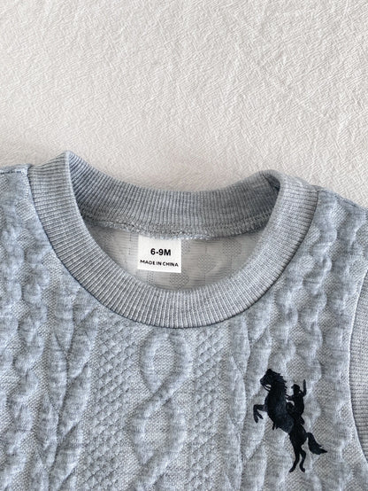 Playful Pals 3pcs Baby Boys Grey Animal Print Vest + Long Sleeve Striped Shirt + Denim Jeans Casual Outfit, Korean Vintage Versatile Animal Print Tank Top With Turn-Down Collar Single-Breasted T