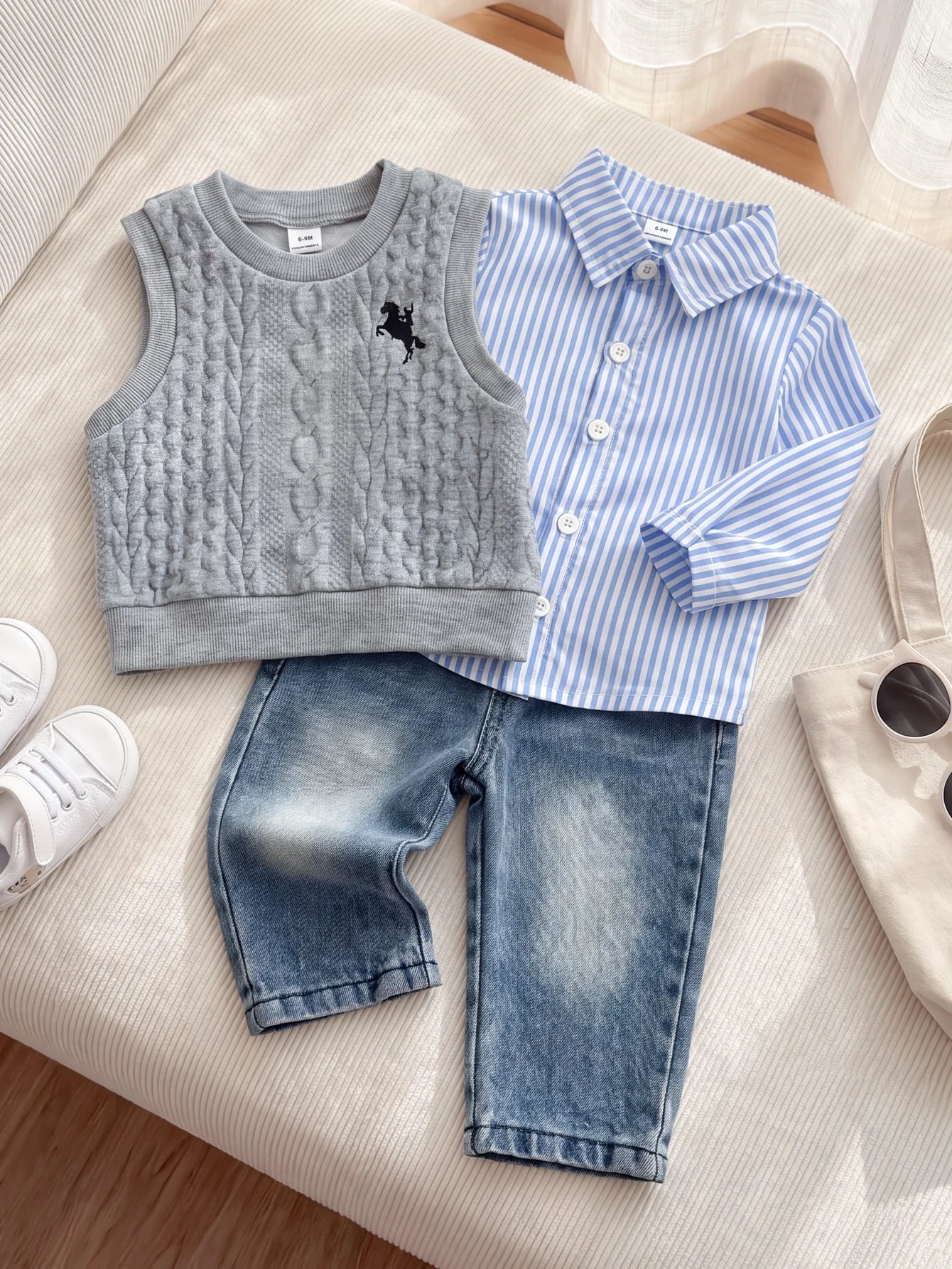 Playful Pals 3pcs Baby Boys Grey Animal Print Vest + Long Sleeve Striped Shirt + Denim Jeans Casual Outfit, Korean Vintage Versatile Animal Print Tank Top With Turn-Down Collar Single-Breasted T