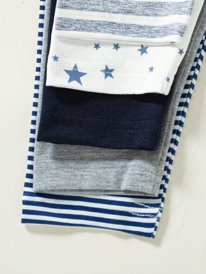 Playful Pals 5pcs/Pack Unisex Baby Navy Blue Light Grey White Pants, Comfortable Casual Trousers Autumn