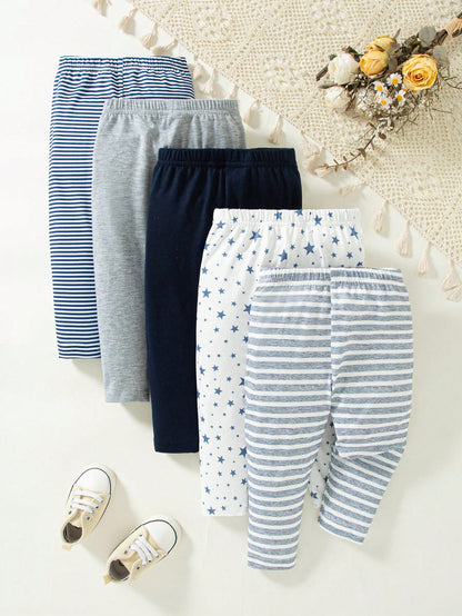 Playful Pals 5pcs/Pack Unisex Baby Navy Blue Light Grey White Pants, Comfortable Casual Trousers Autumn