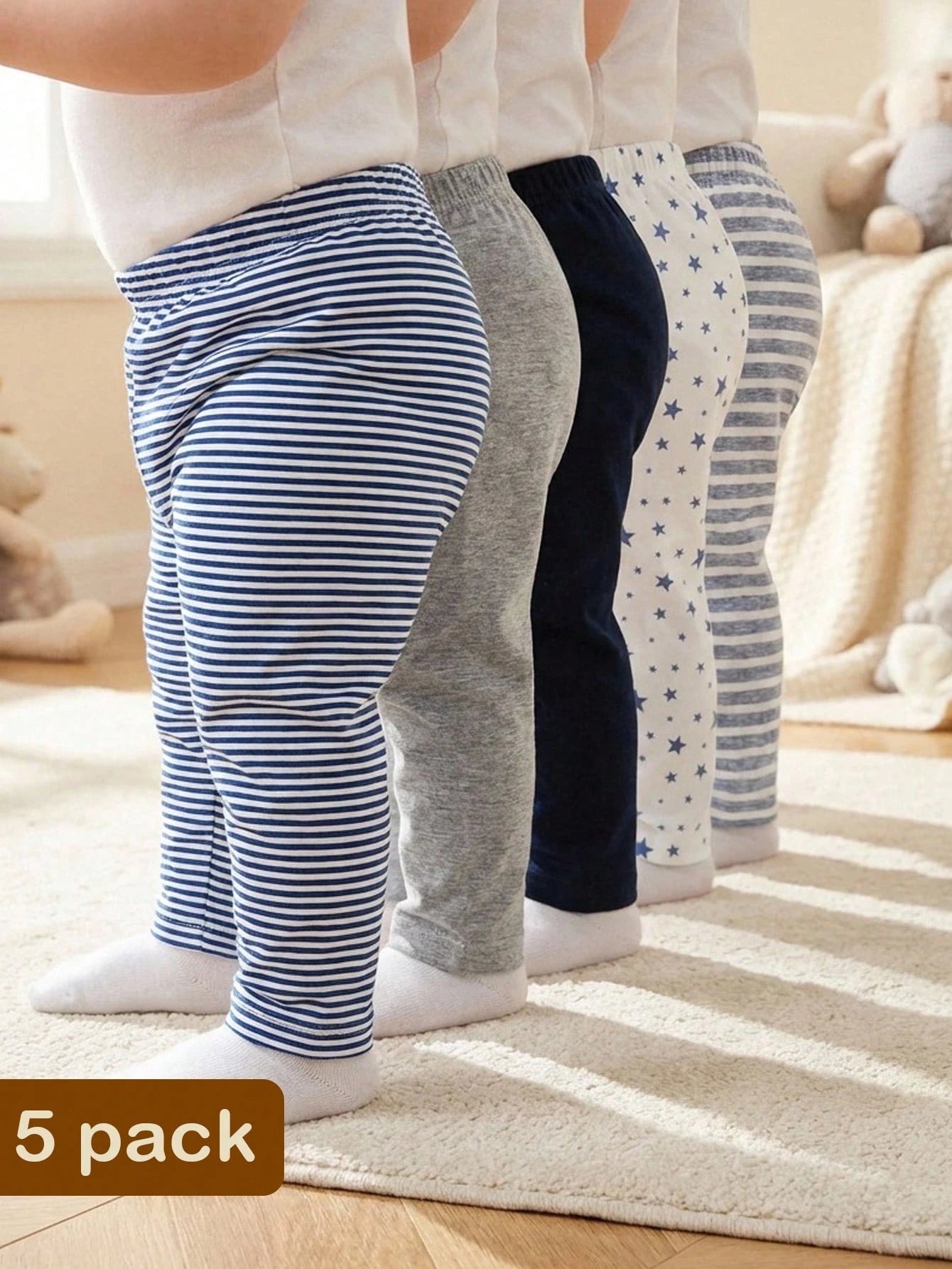 Playful Pals 5pcs/Pack Unisex Baby Navy Blue Light Grey White Pants, Comfortable Casual Trousers Autumn