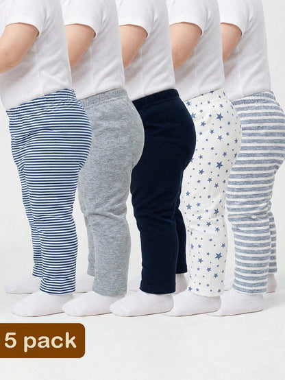 Playful Pals 5pcs/Pack Unisex Baby Navy Blue Light Grey White Pants, Comfortable Casual Trousers Autumn